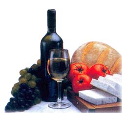 wine, bread, cheese grapes and tomatos